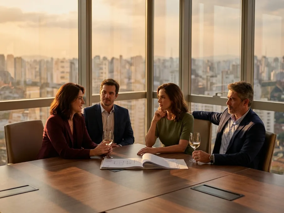 Dois casais elegantes numa reunião de negócios numa sala de reunião de um prédio com vista para a ceidade