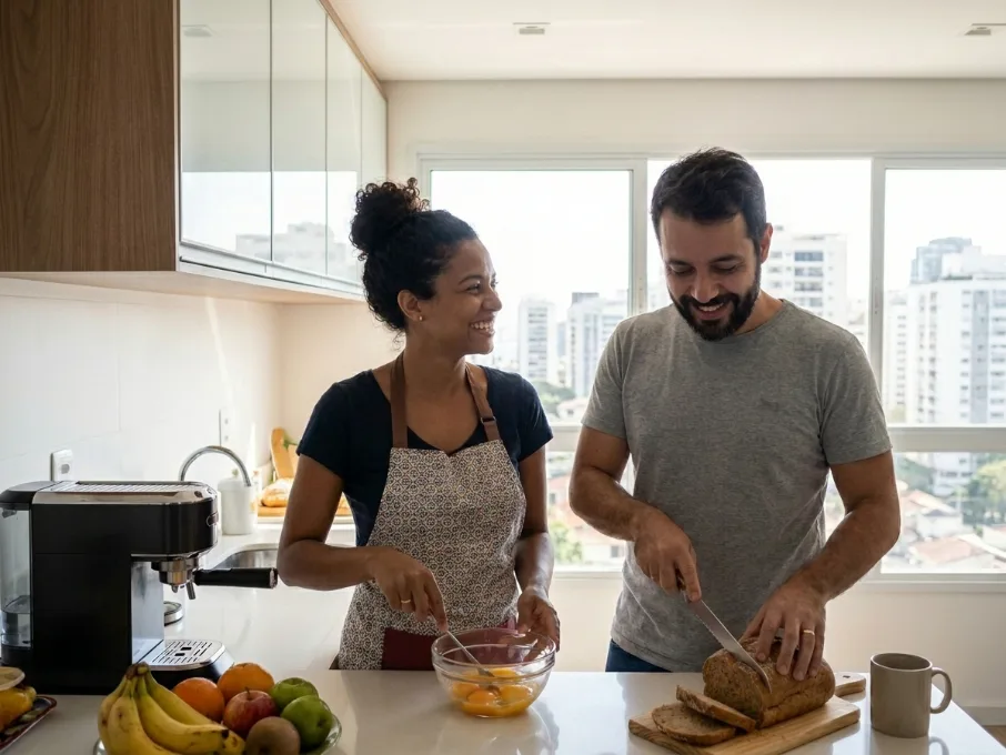 Casal brasileiro numa cozinha de apartamento, eles estão sorrindo espontaneamente enquanto fazem o café da manhã.