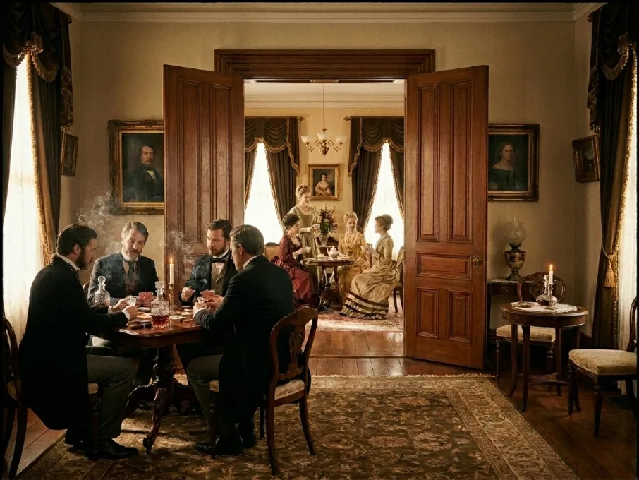 Fotografia de época gerada por iA. Quatro homens jogando poker numa sala e quatro mulheres tomando chá na sala ao lado.