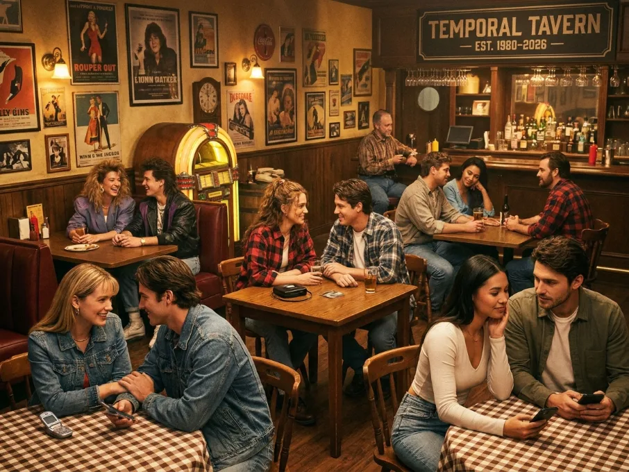 Restaurante Taverna Temporal. Mistura de anos 80 com dias atuais, pessoas e decoração de diversas épocas