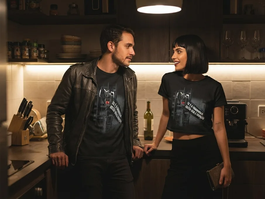Casal numa cozinha a noite, vestidos basicamente de preto. Usam camisetas com o nome "Se é o combinado, então não é traição"