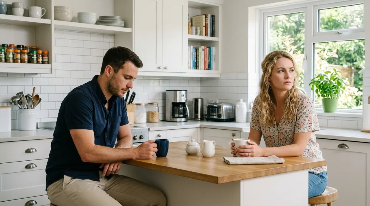 Casal tomando café na cozinha. Eles evitam se olhar, aparentemente brigados