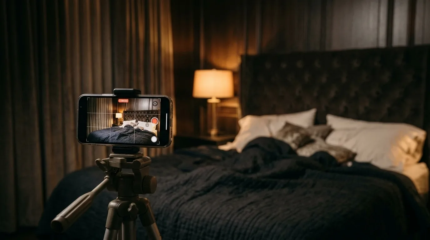 Celular num tripé, filmando uma cama de casal desarrumada num quarto aconchegante de baixa luz