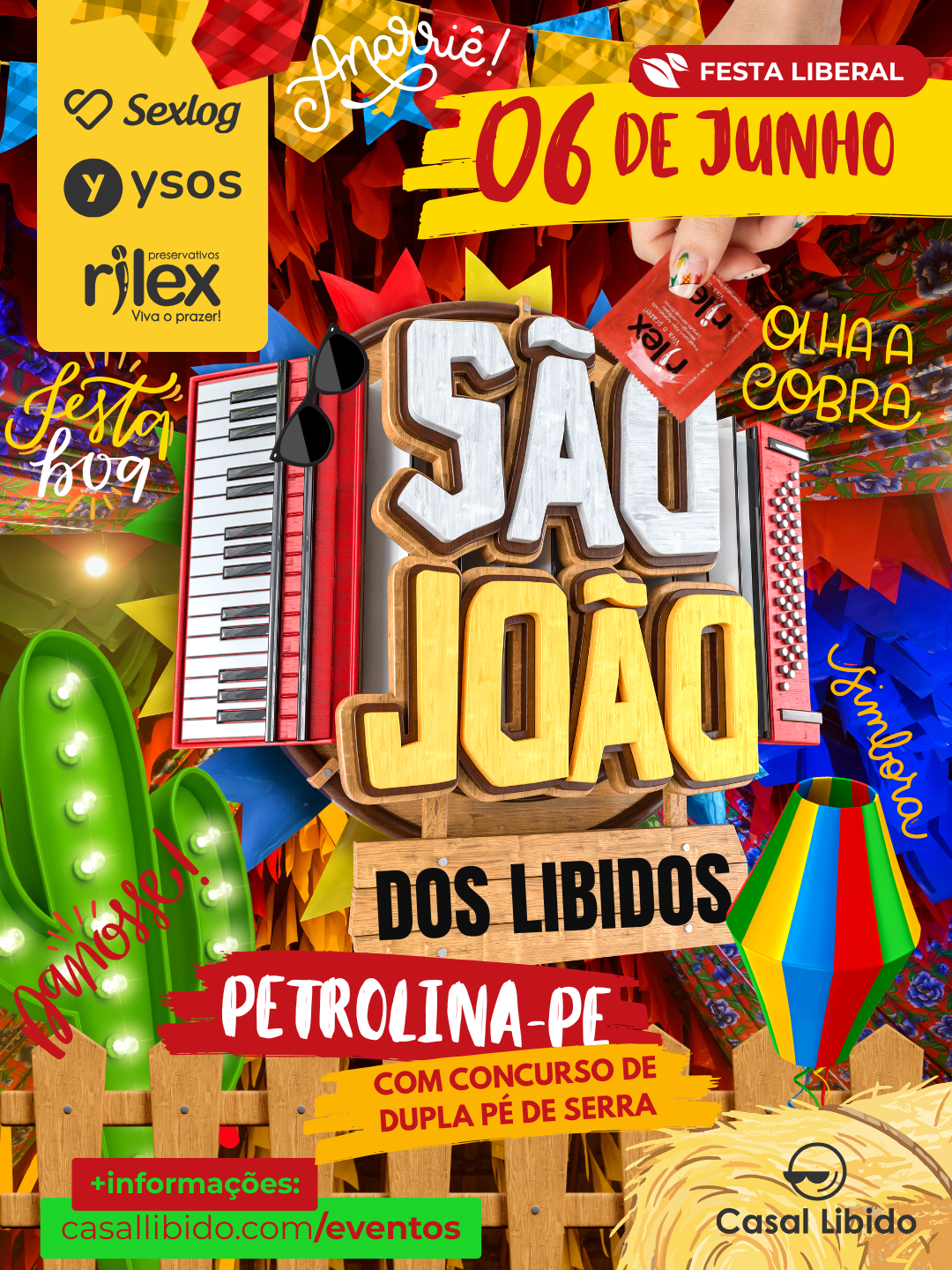 Vem aí o São João dos Libidos, uma celebração que mistura a tradição das festas juninas com a liberdade que a gente tanto preza. No dia 06 de junho, Petrolina vai ficar pequena para tanta animação, forró e gente bonita.