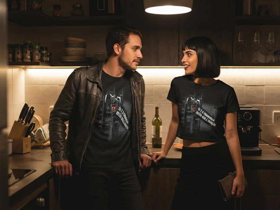 Início 20 Casal numa cozinha a noite, vestidos basicamente de preto. Usam camisetas com o nome "Se é o combinado, então não é traição"
