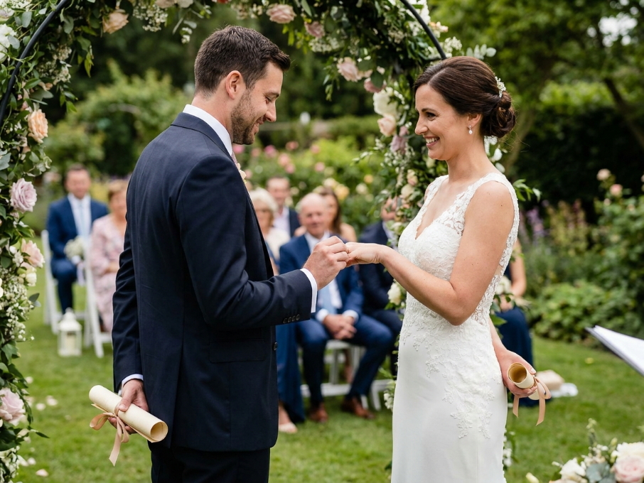 Início 20 Fotografia de casamento. Marido coloca a aliança no dedo da mulher com uma mão e com a outra segura um contrato nas costas. Esposa também segura um contrato com outra mão nas costas.
