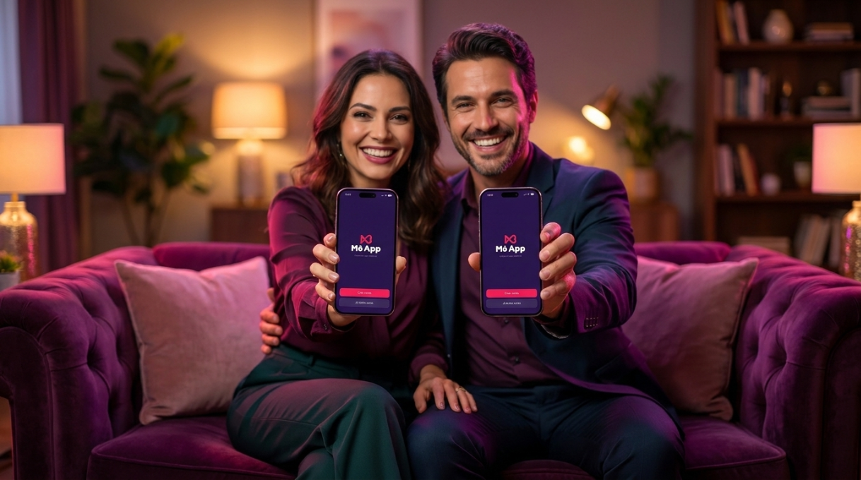 Casal abraçado na cozinha, ambos com a mão estendida mostrando o celular com a tela exibindo a tela inicial do Mô App